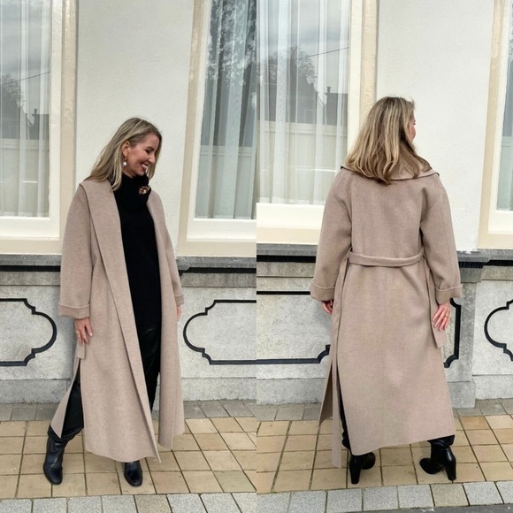 By Malene Birger Coat Trullem Belted Wool Shawl Grey Brown Melange 40 EUC - Picture 10 of 13